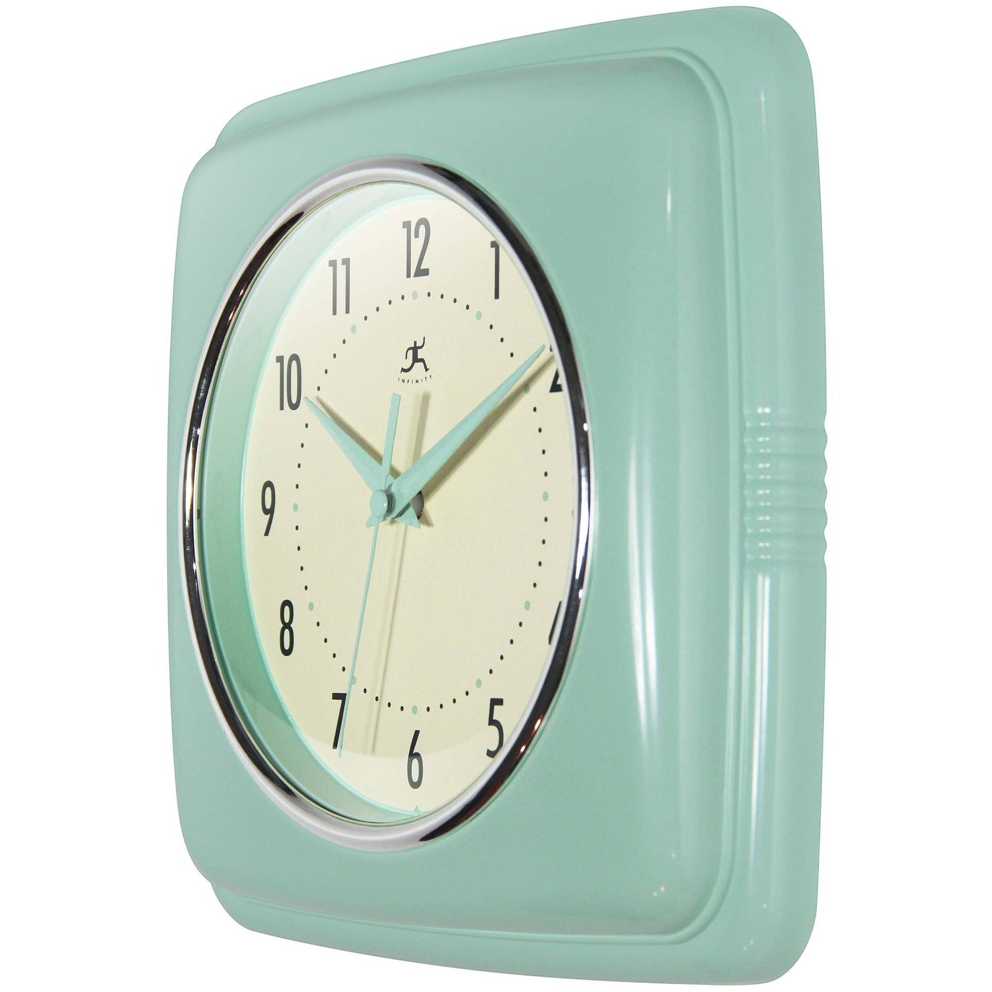 Mellow Monkey Retro Square Pastel Green Wall Clock - 9.25-in. Cream face with black numbers and light blue hands.