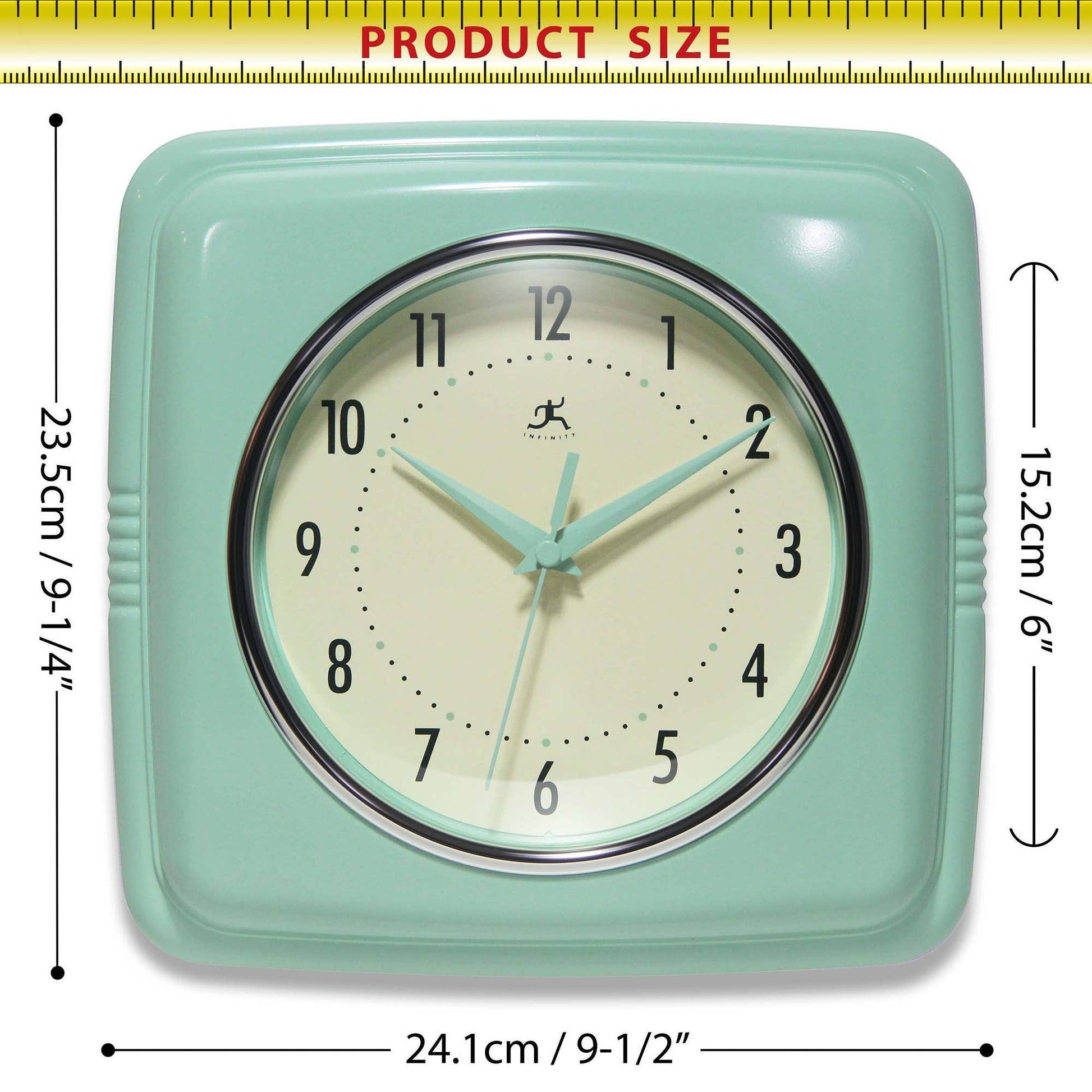 Mellow Monkey retro square pastel green wall clock with cream face and light blue hands. 9.25-inch.