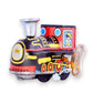 Mellow Monkey retro tin wind-up toy train engine in black, red, and yellow with a classic metal key mechanism.
