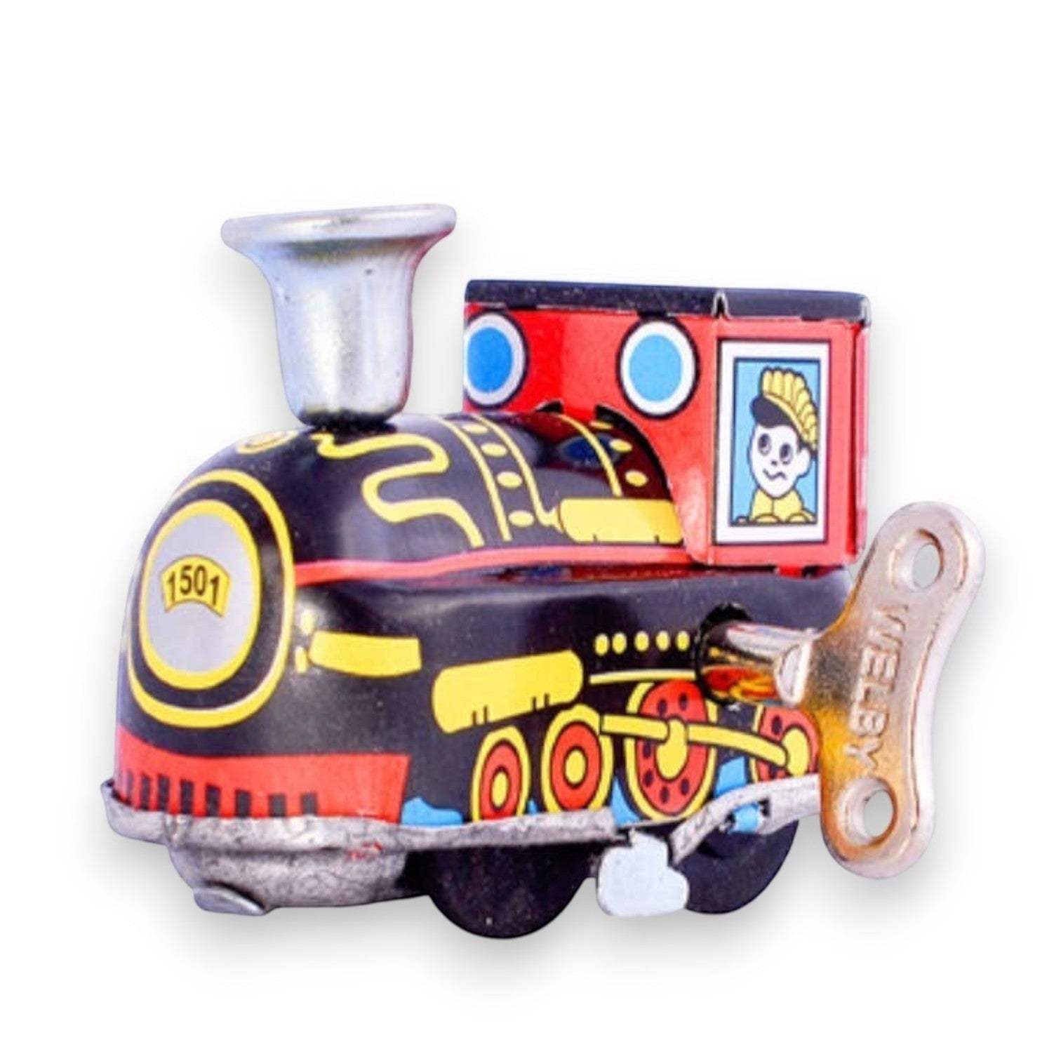 Mellow Monkey retro tin wind-up toy train engine in black, red, and yellow with a classic metal key mechanism.