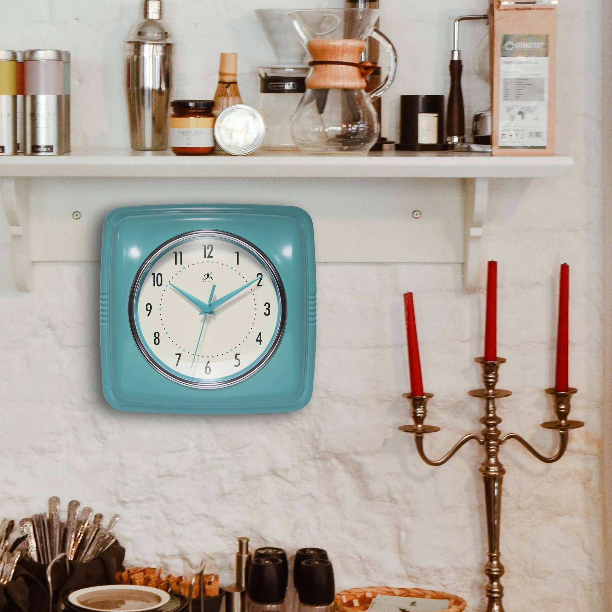 Mellow Monkey retro turquoise square wall clock with cream face and blue hands. 9.25-in.