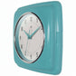 Mellow Monkey retro turquoise square wall clock with white face and chrome bezel. 9.25-in.