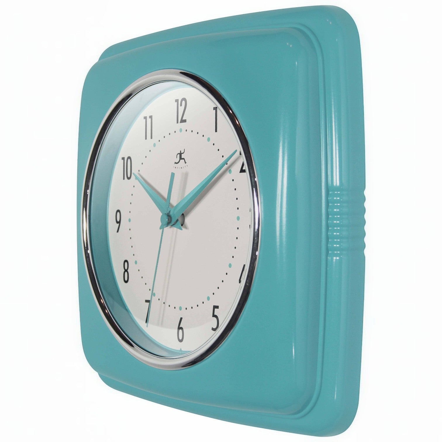 Mellow Monkey retro turquoise square wall clock with white face and chrome bezel. 9.25-in.