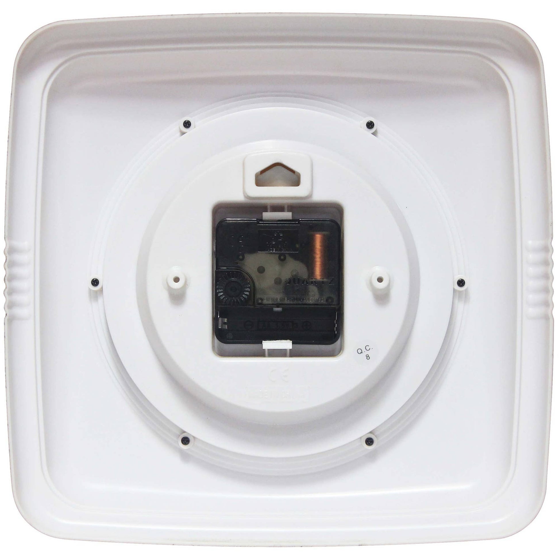 Mellow Monkey retro square wall clock, pastel green, 9.25-in. Back view showing quartz movement.