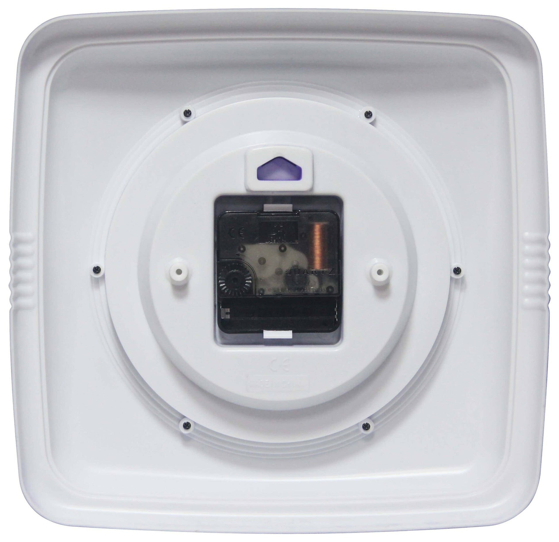 Mellow Monkey retro square periwinkle wall clock, 9.25-in. Close-up of the back showing the quartz movement.