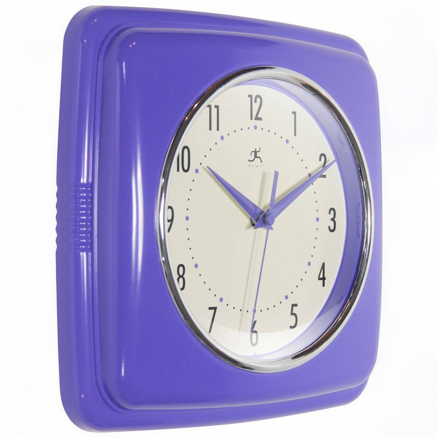 Mellow Monkey retro square periwinkle wall clock with cream face and purple hands. 9.25-in.