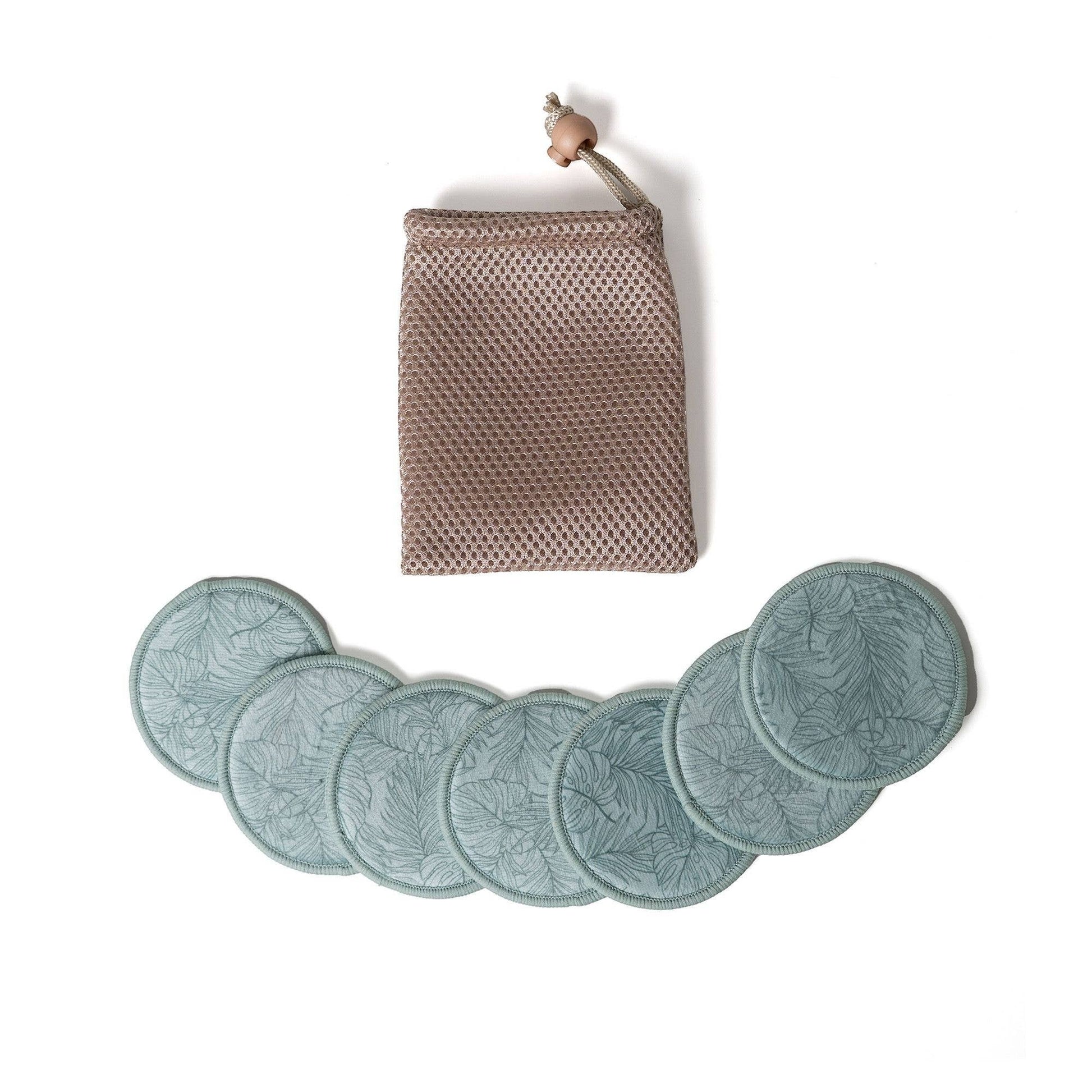 Mellow Monkey reusable makeup remover rounds in sage green with leaf print, set of 7 with a mesh laundry pouch.