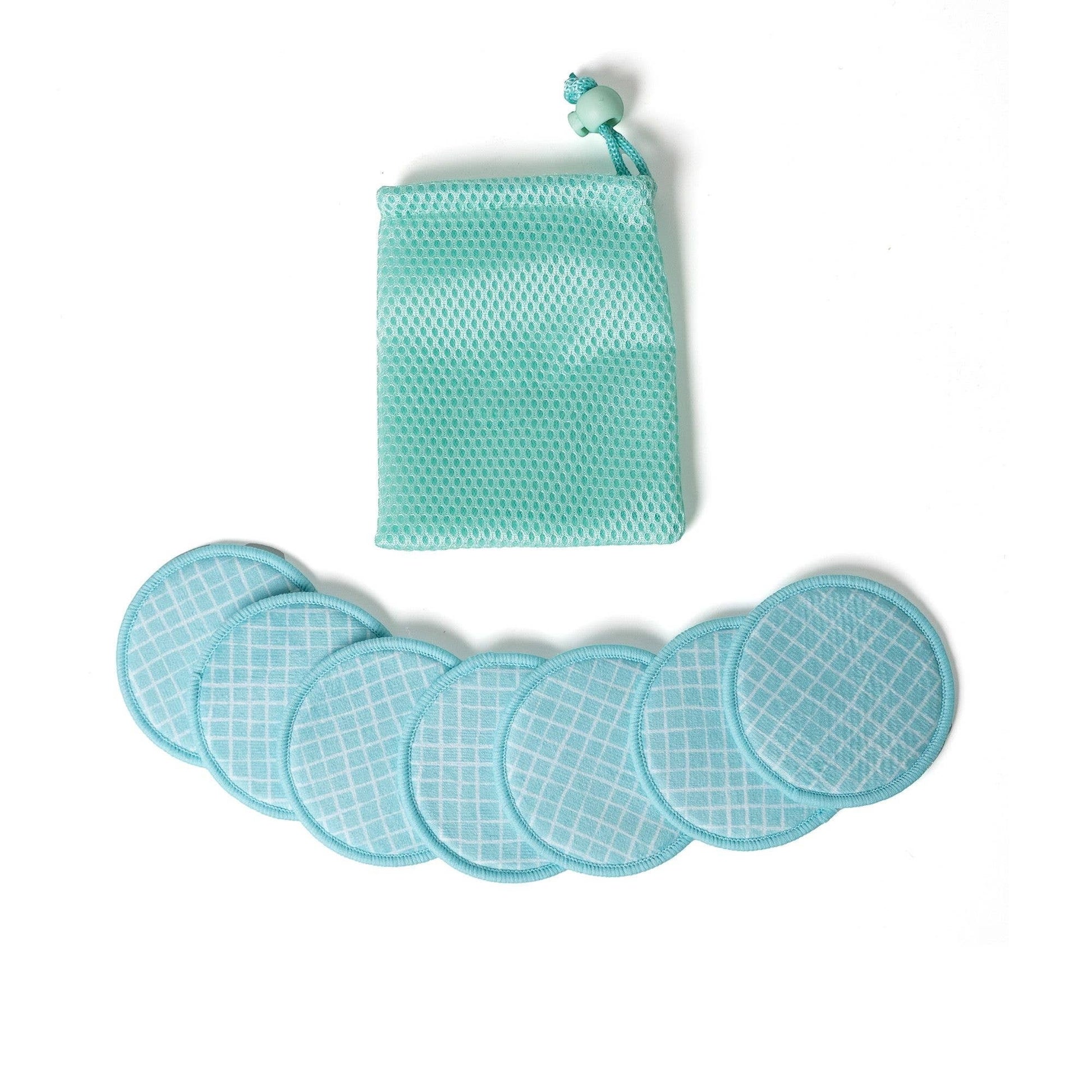 Mellow Monkey reusable makeup remover rounds in light blue with a matching mesh laundry pouch for sensitive skin.