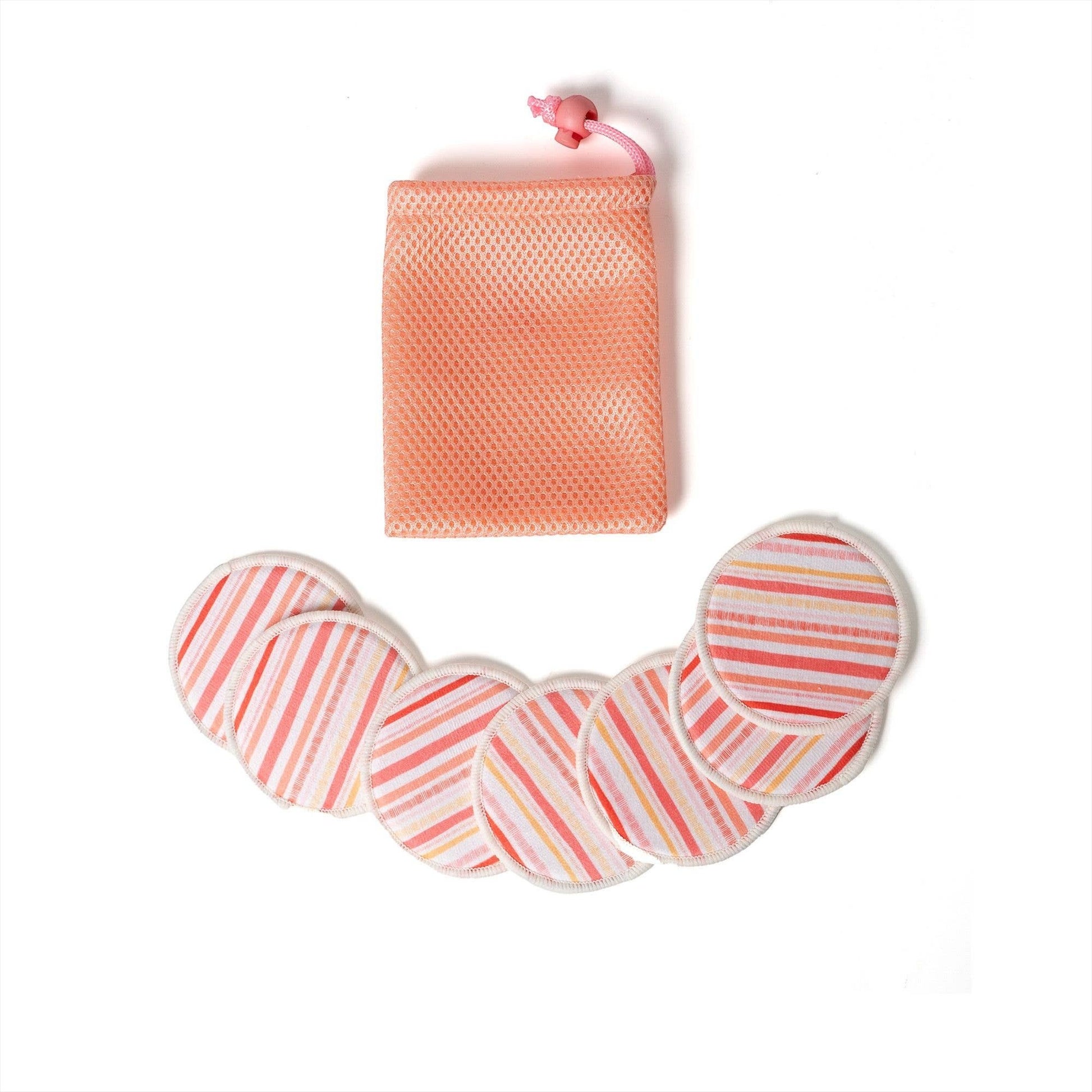 Mellow Monkey reusable makeup remover rounds in a striped pink pattern with a matching mesh laundry bag.