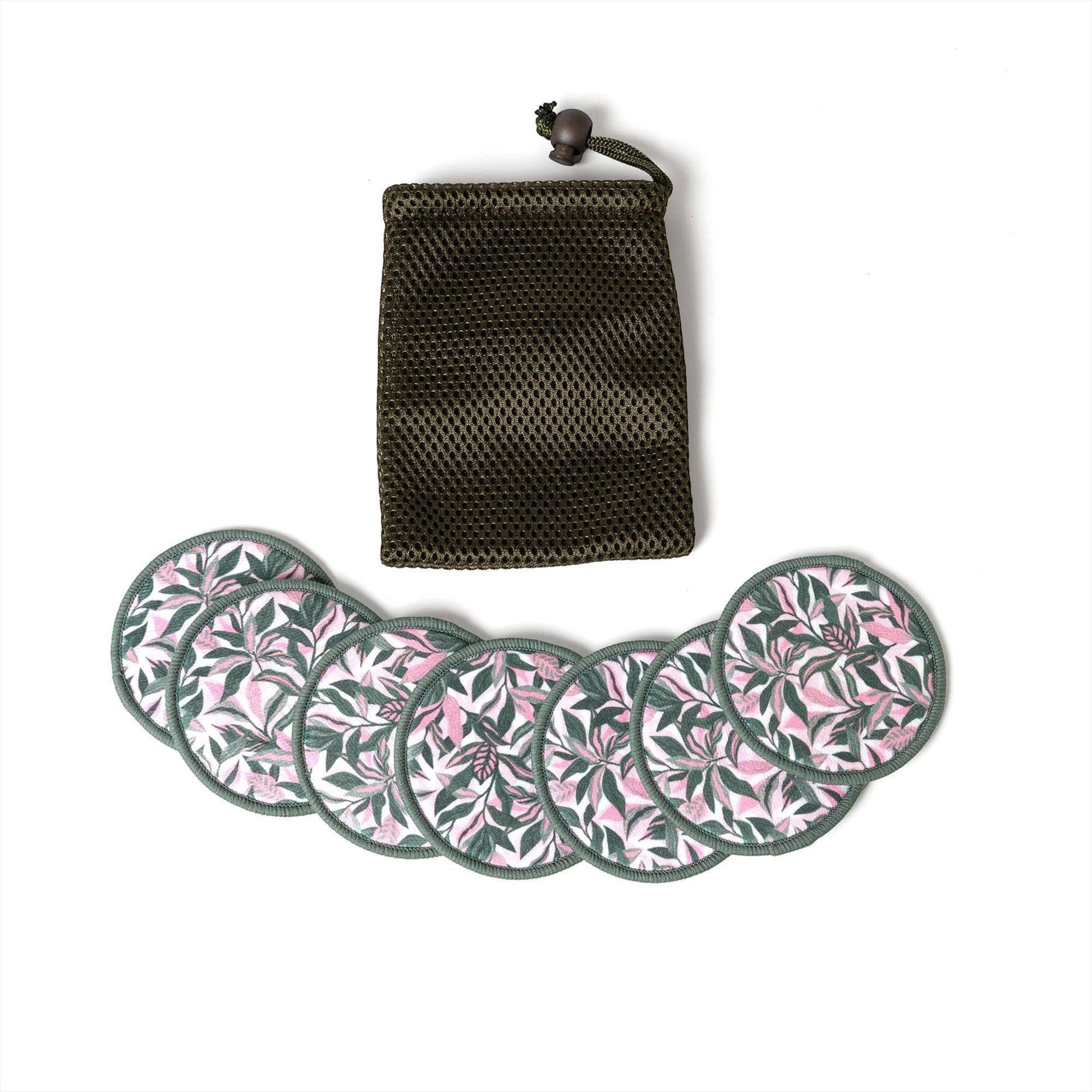 Mellow Monkey reusable makeup remover rounds in a floral print with a matching mesh laundry bag for washing.