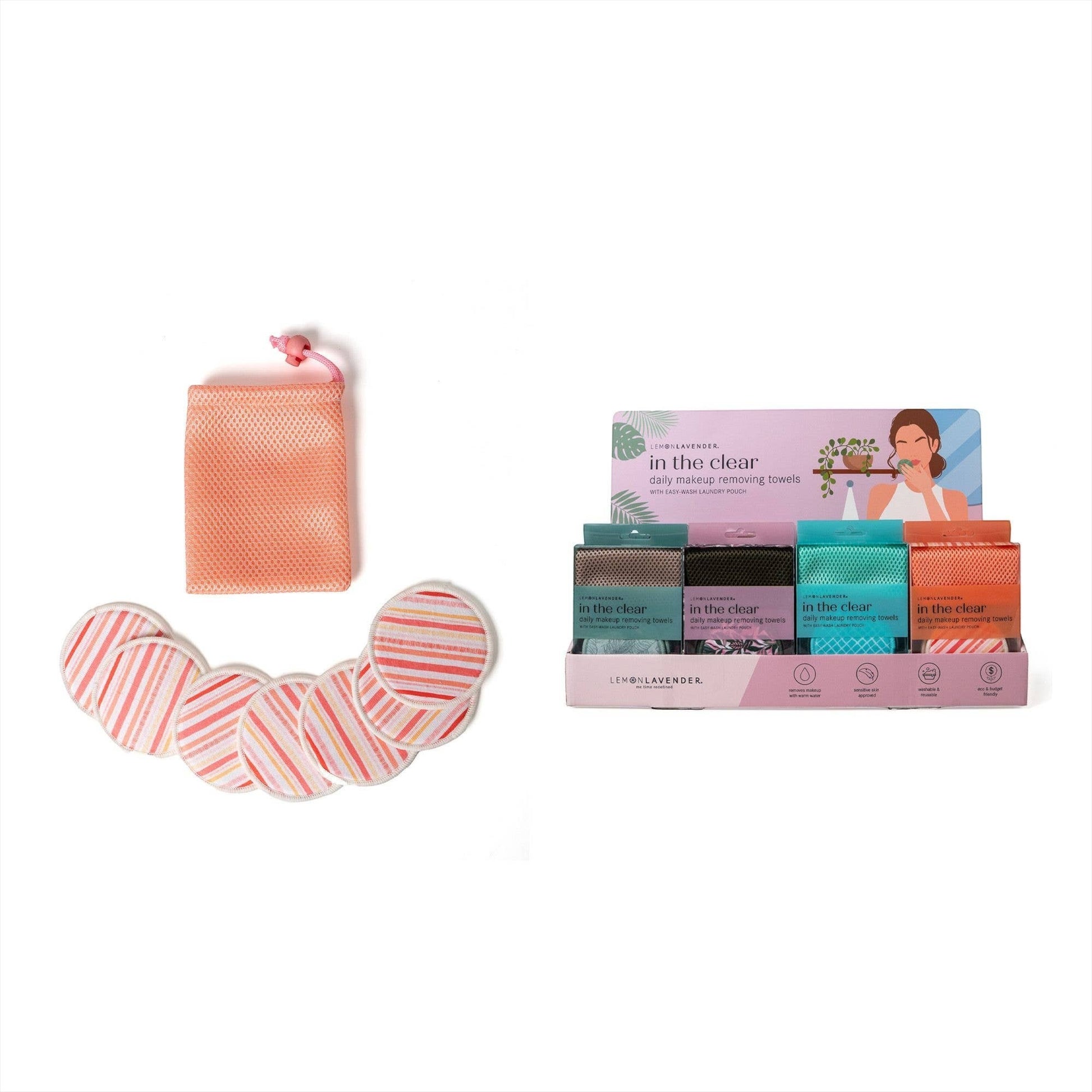 Mellow Monkey Lemon Lavender reusable makeup remover rounds with a laundry pouch and retail counter display box.