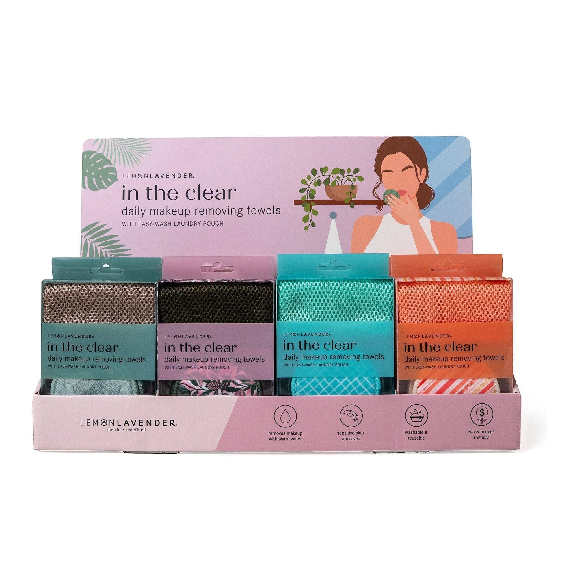 Mellow Monkey Lemon Lavender reusable makeup remover rounds in a 4-pack retail counter display with laundry pouches.