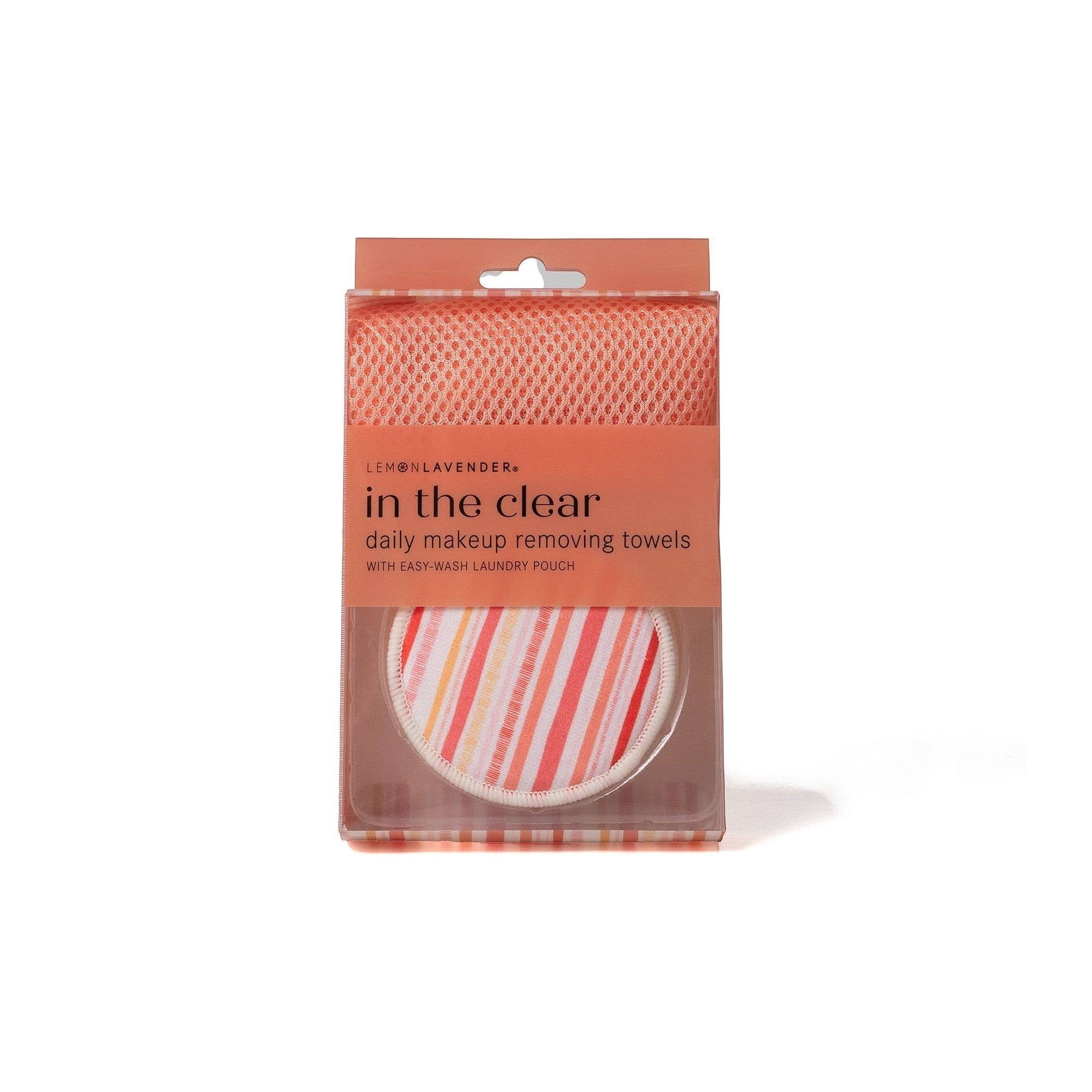 Mellow Monkey Lemon Lavender reusable makeup remover rounds with striped fabric and mesh laundry pouch in packaging