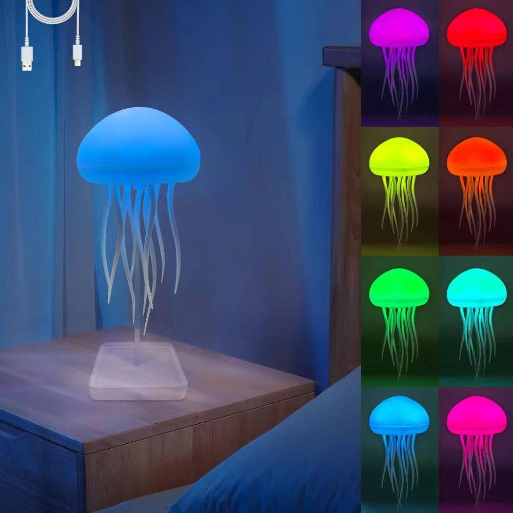 Mellow Monkey rechargeable RGB smart jellyfish night light with rotating tentacles and color-changing LED display.