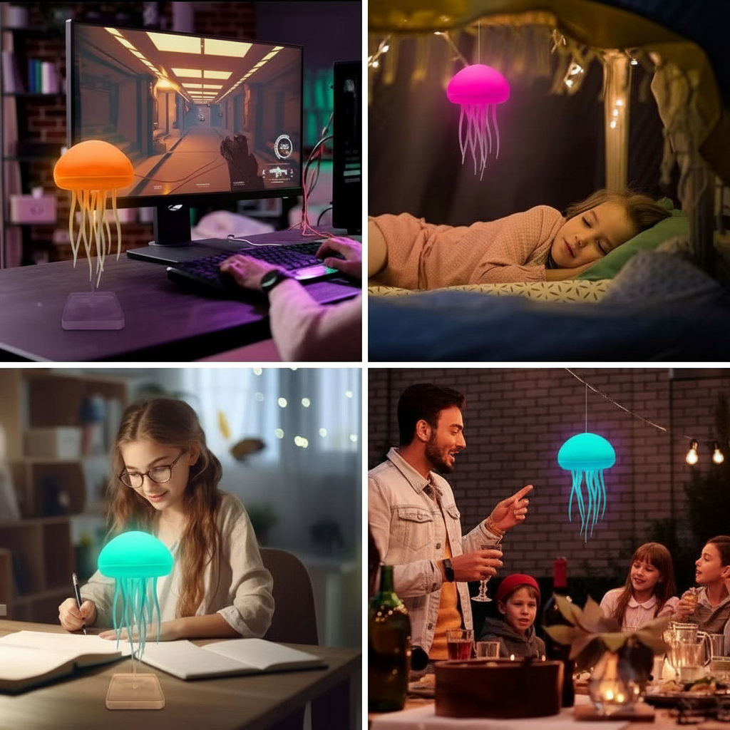 Mellow Monkey rechargeable RGB smart jellyfish light with flexible tentacles and sound-activated color modes