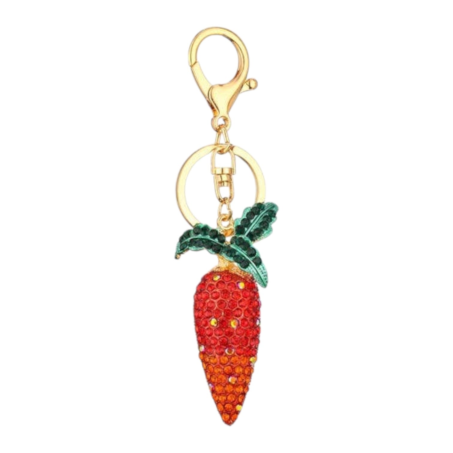 Mellow Monkey red and orange rhinestone carrot keychain with green enamel leaves and gold-tone hardware.