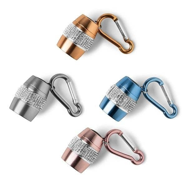 Mellow Monkey keychain flashlight with rhinestones and carabiner in rose gold, silver, and blue.