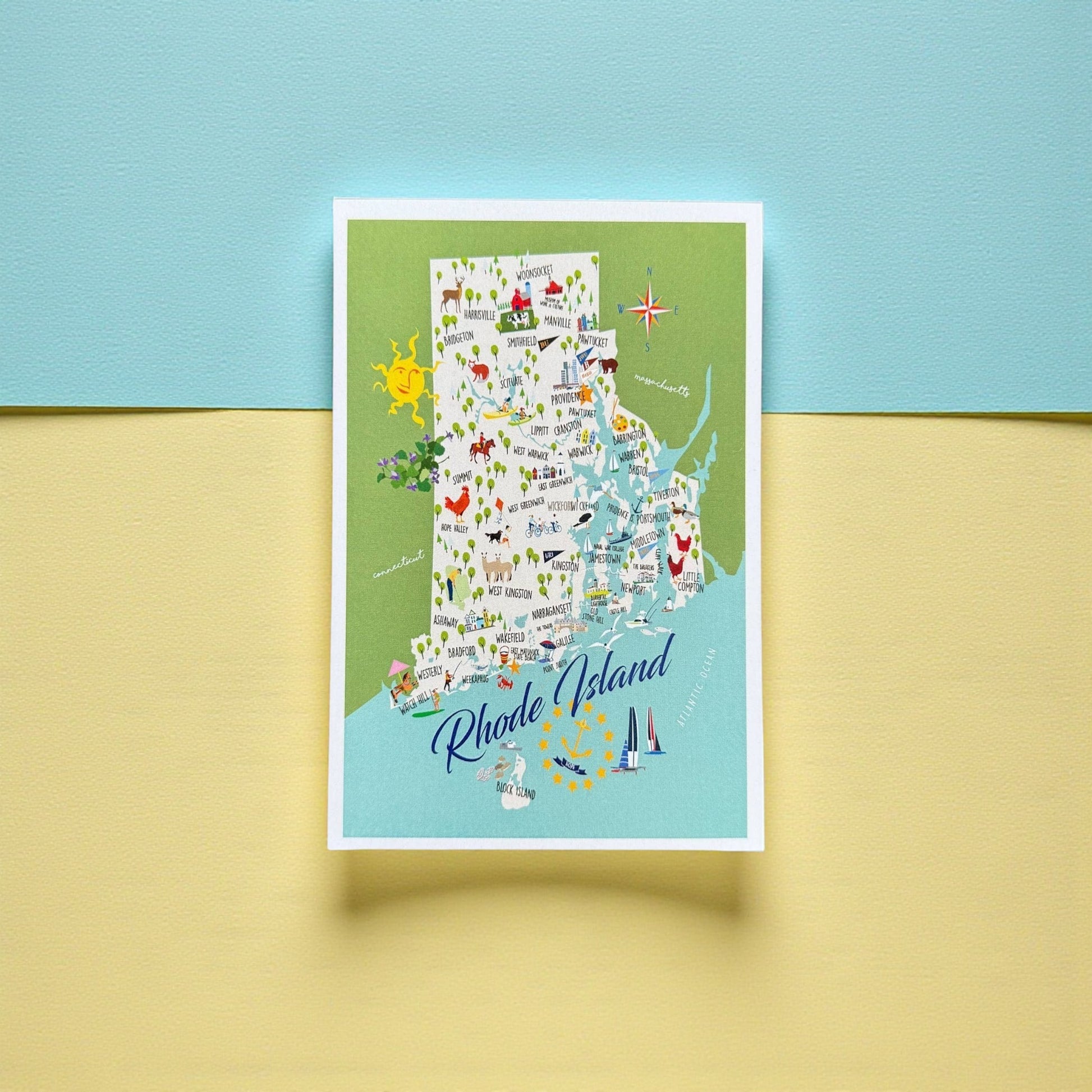 Mellow Monkey Rhode Island 4x6 inch illustrated map postcard with towns, landmarks, and sailing motifs. Glossy finish.