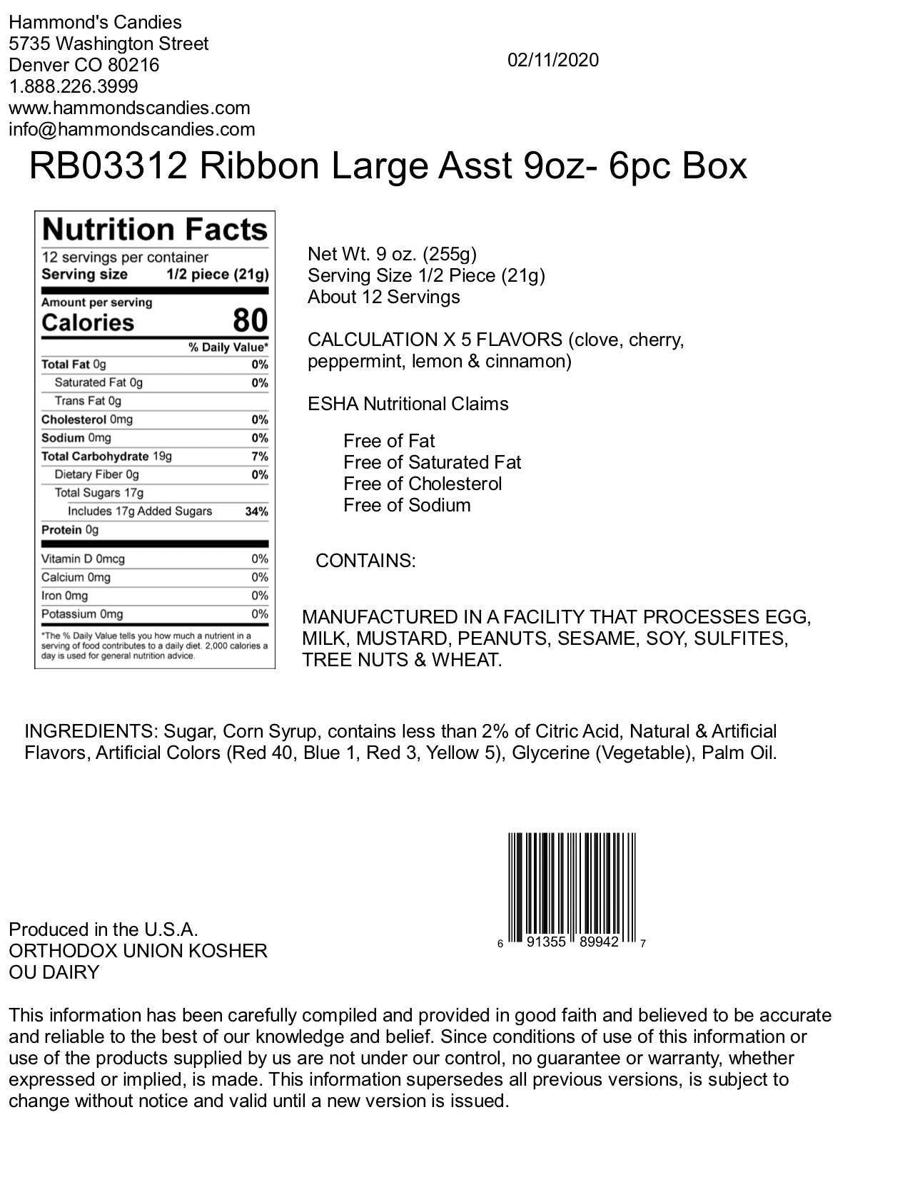 Mellow Monkey nutrition facts label for Hammond's Mini Ribbon Candy 9 oz gift box with ingredient and allergen list