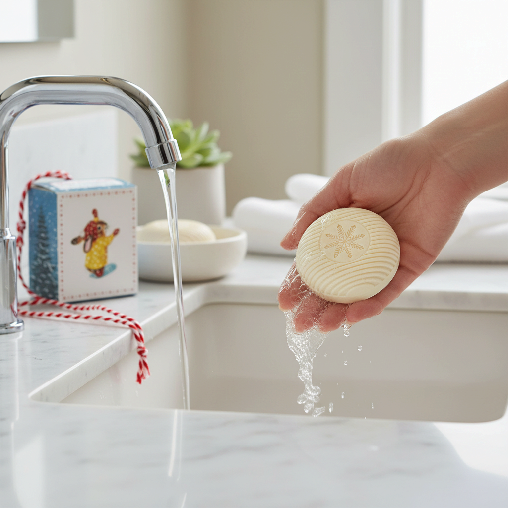 Mellow Monkey Richard Scarry First Snowfall triple milled soap bar with snowflake detail held under bathroom faucet