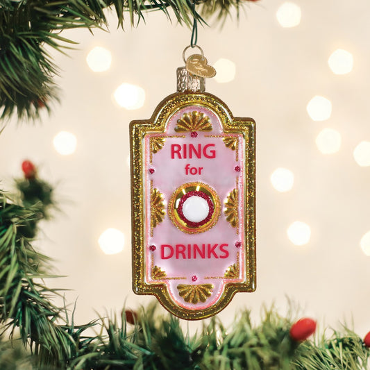 Mellow Monkey Ring for Drinks Old World Christmas blown glass ornament, pink with gold trim and glitter accents.
