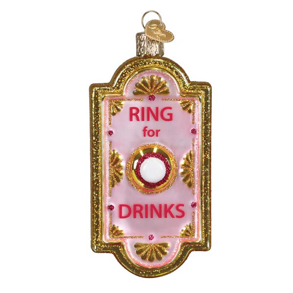 Mellow Monkey Ring for Drinks doorbell ornament, pink glass with gold trim and red glitter accents.