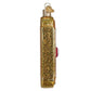 Mellow Monkey Ring For Drinks doorbell ornament, gold glitter blown glass with red button, 4.5-inch holiday decoration.