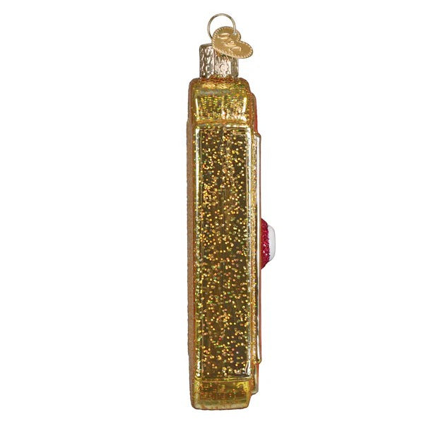 Mellow Monkey Ring For Drinks doorbell ornament, gold glitter blown glass with red button, 4.5-inch holiday decoration.
