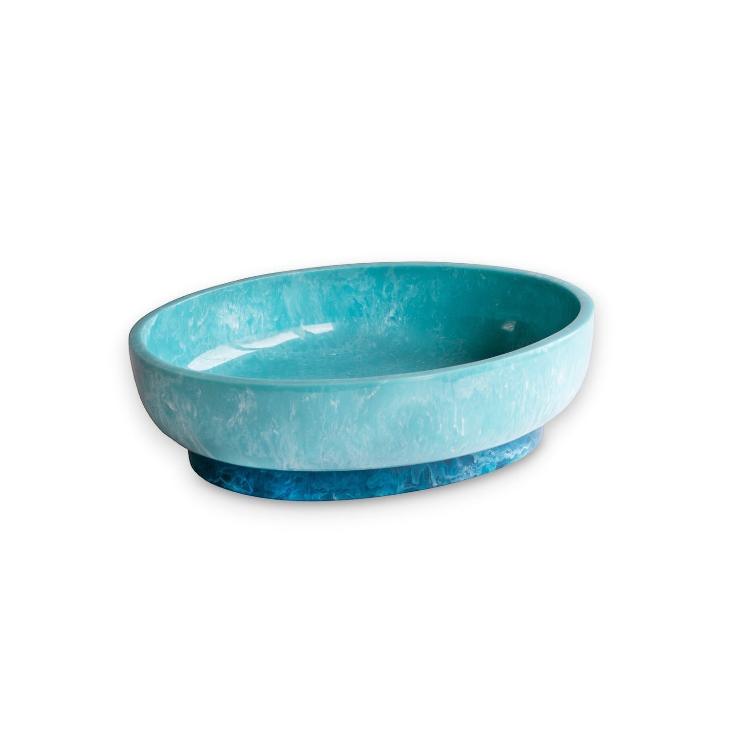 Mellow Monkey Rio large oval bowl in turquoise and blue swirled translucent resin with a contrasting base
