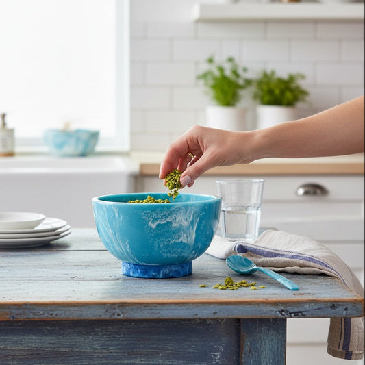 Mellow Monkey Rio small resin bowl in turquoise and blue with a swirled pattern on a rustic wooden kitchen table.