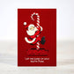 Mellow Monkey risqué Christmas card featuring a vintage Santa Claus illustration on a candy cane against a red background