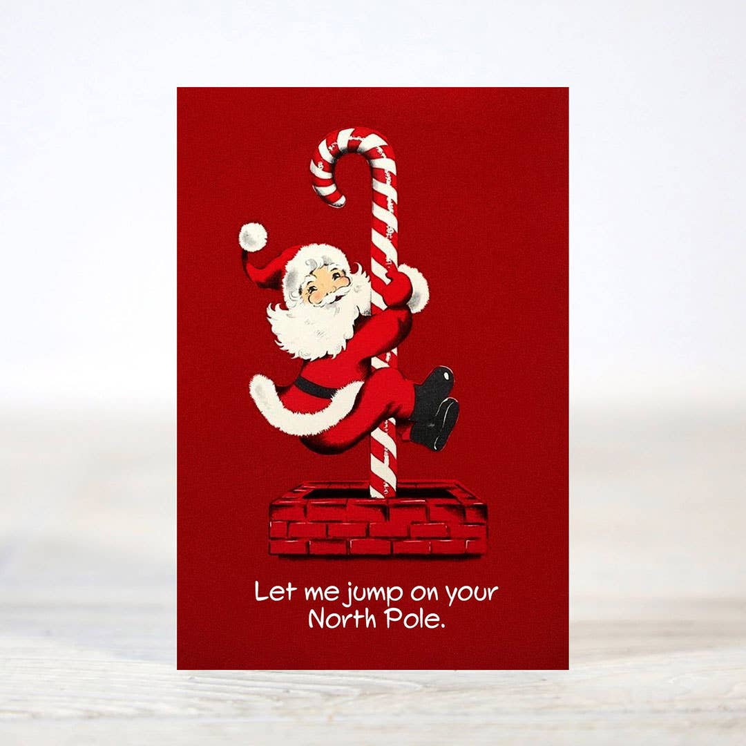 Mellow Monkey risqué Christmas card featuring a vintage Santa Claus illustration on a candy cane against a red background