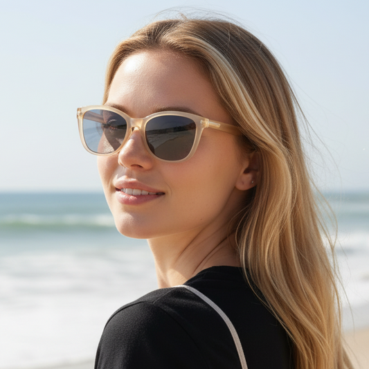Woman wearing Mellow Monkey Riviera translucent reading sunglasses on a sunny beach