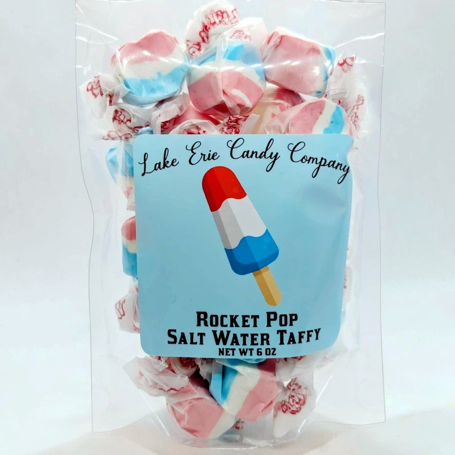 Mellow Monkey Rocket Pop Salt Water Taffy, a 6-oz bag of individually wrapped chewy candies in red, white, and blue.
