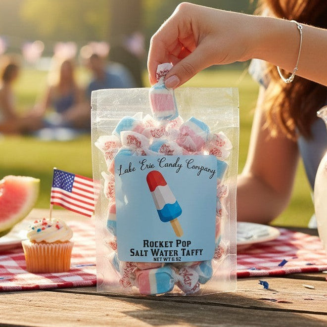 Mellow Monkey Rocket Pop Salt Water Taffy in red, white, and blue wrappers, perfect for summer picnics.