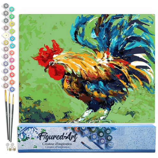 Mellow Monkey paint by numbers kit featuring a vibrant rooster painting on a green background. Includes canvas, brushes, and acrylic paints.