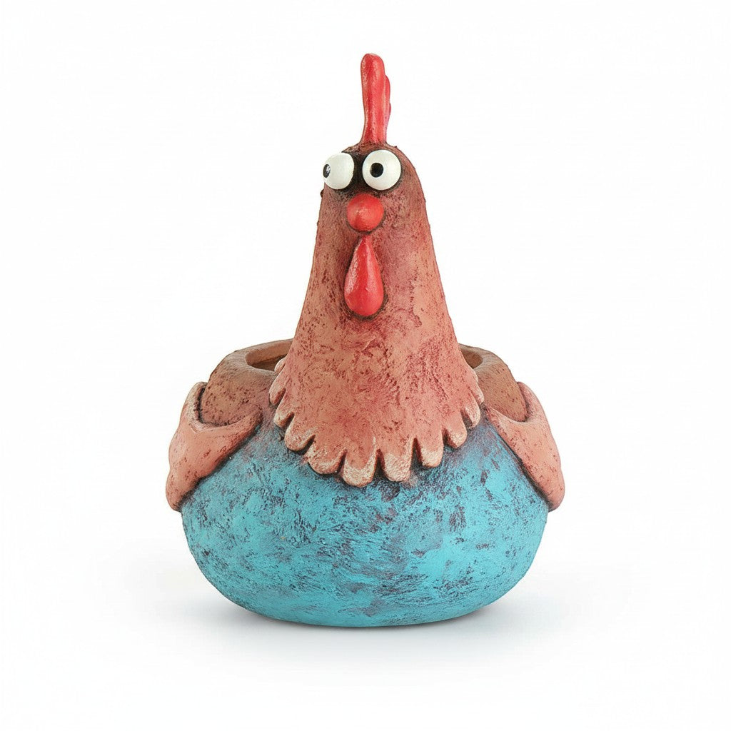 Mellow Monkey Wilbur the Rooster Blobhouse Planter, a charming poly-resin planter with a distressed blue body and brown textured head, perfect for small plants.