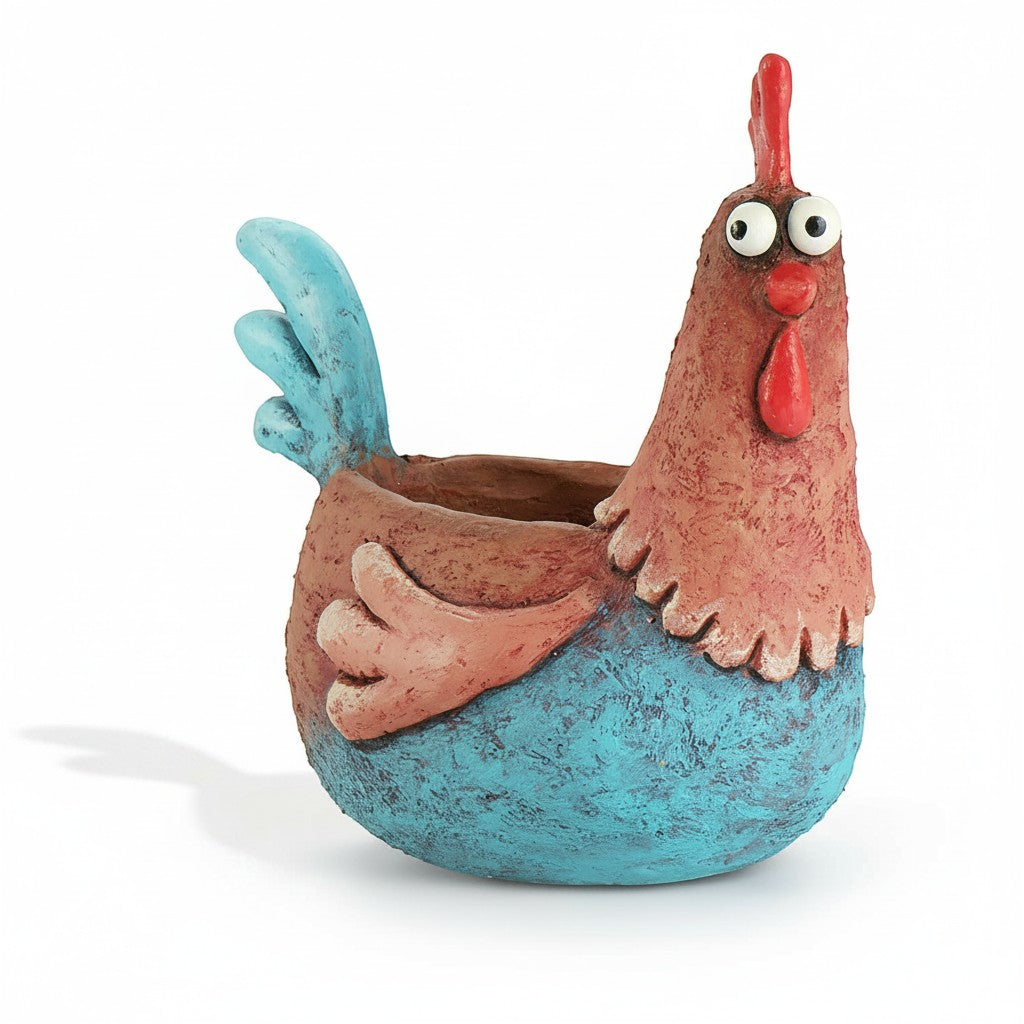 Mellow Monkey Wilbur the Rooster Blobhouse Planter, a whimsical poly-resin planter in brown and blue with a red comb and wattle.