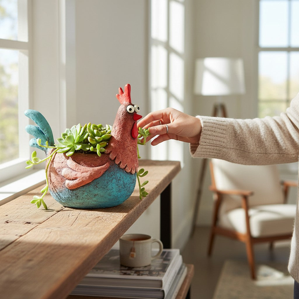 Mellow Monkey Wilbur the Rooster planter, handcrafted poly-resin, red and blue, with succulents.