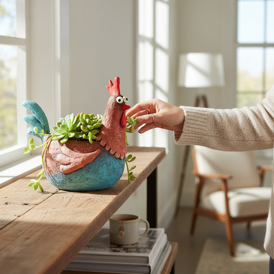 Mellow Monkey Wilbur the Rooster planter, handcrafted poly-resin, red and blue, with succulents.