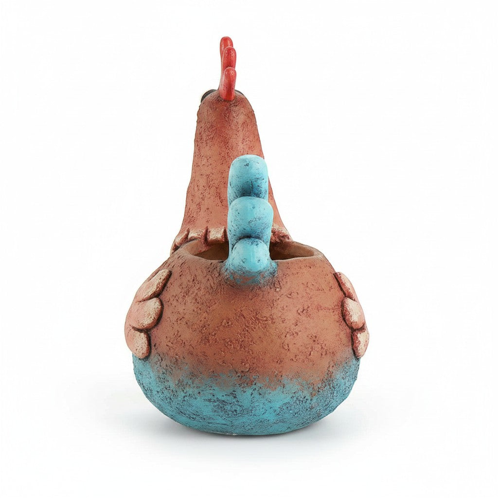 Mellow Monkey Wilbur the Rooster Blobhouse Planter, handcrafted poly-resin, terracotta and blue, for small plants.