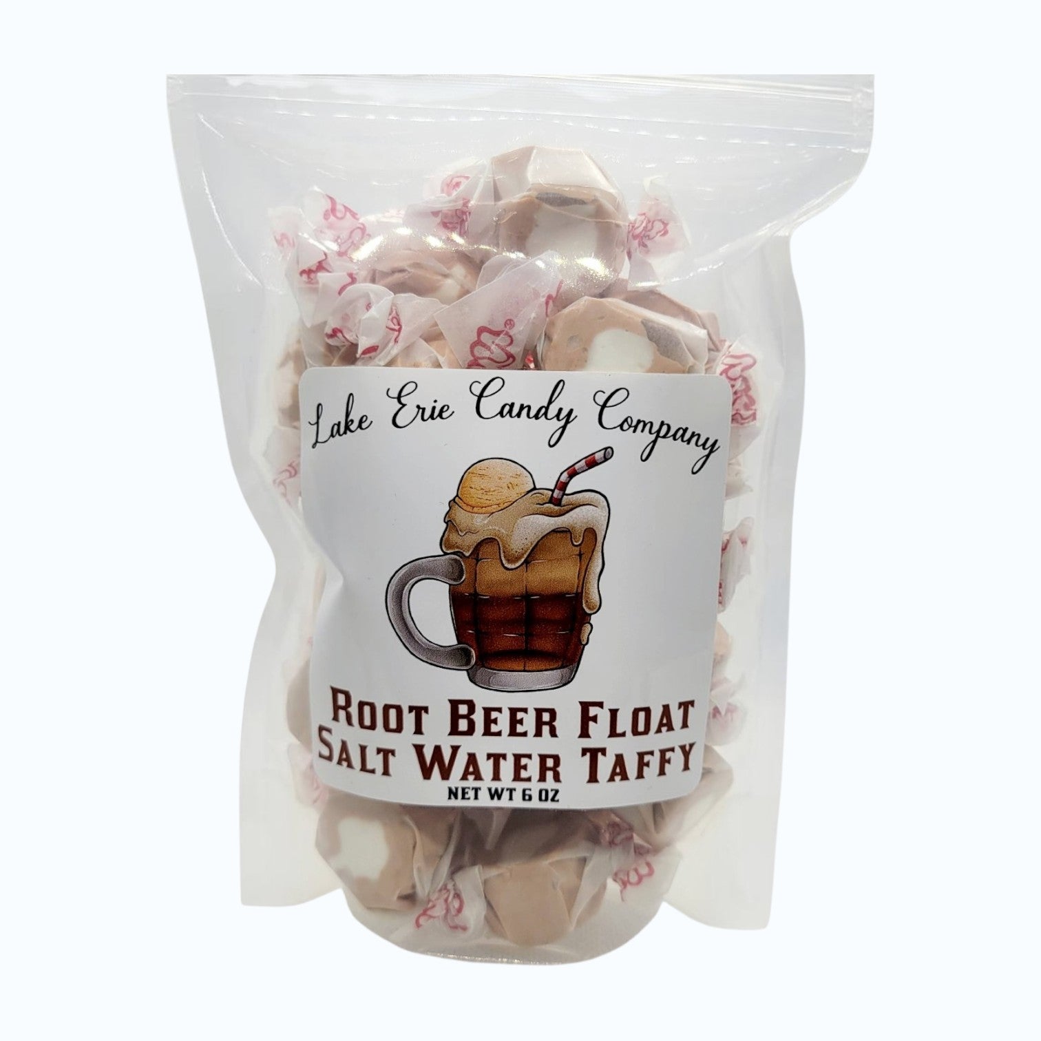 Mellow Monkey 6-oz bag of Root Beer Float salt water taffy with nostalgic root beer float label design