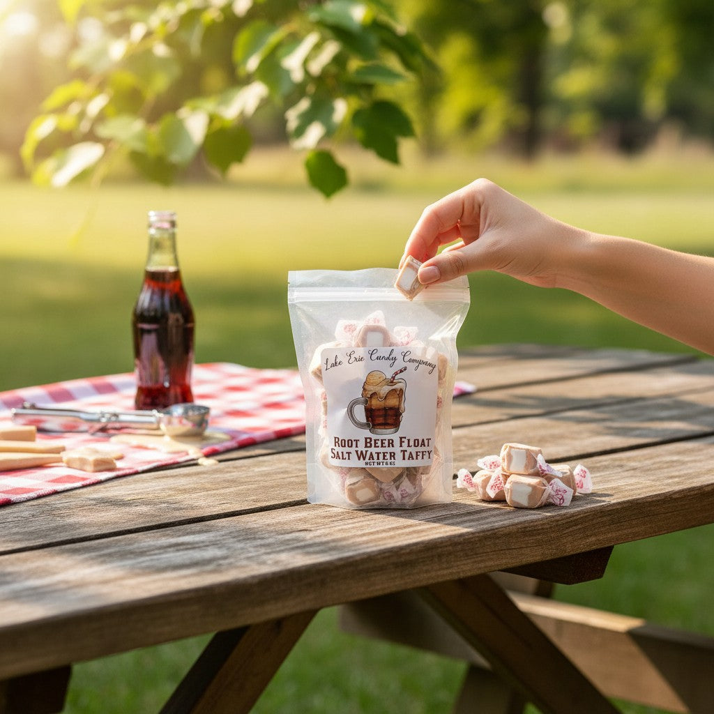 Mellow Monkey root beer float salt water taffy in a clear bag on a picnic table with a hand holding a piece