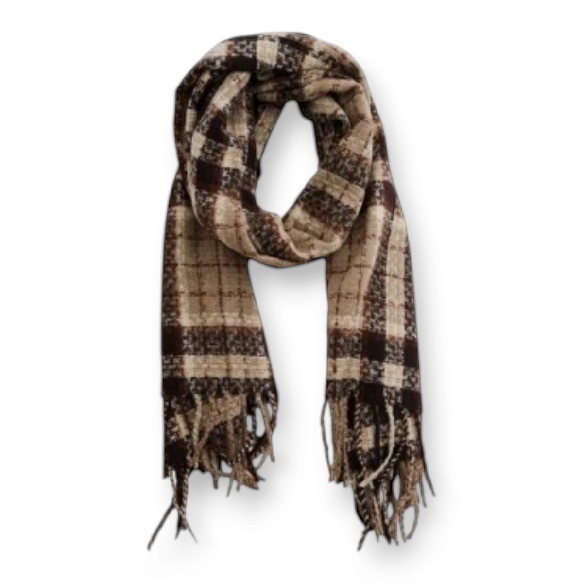 Mellow Monkey Rory classic plaid fringe scarf in brown and beige brushed acrylic with decorative tassel trim.