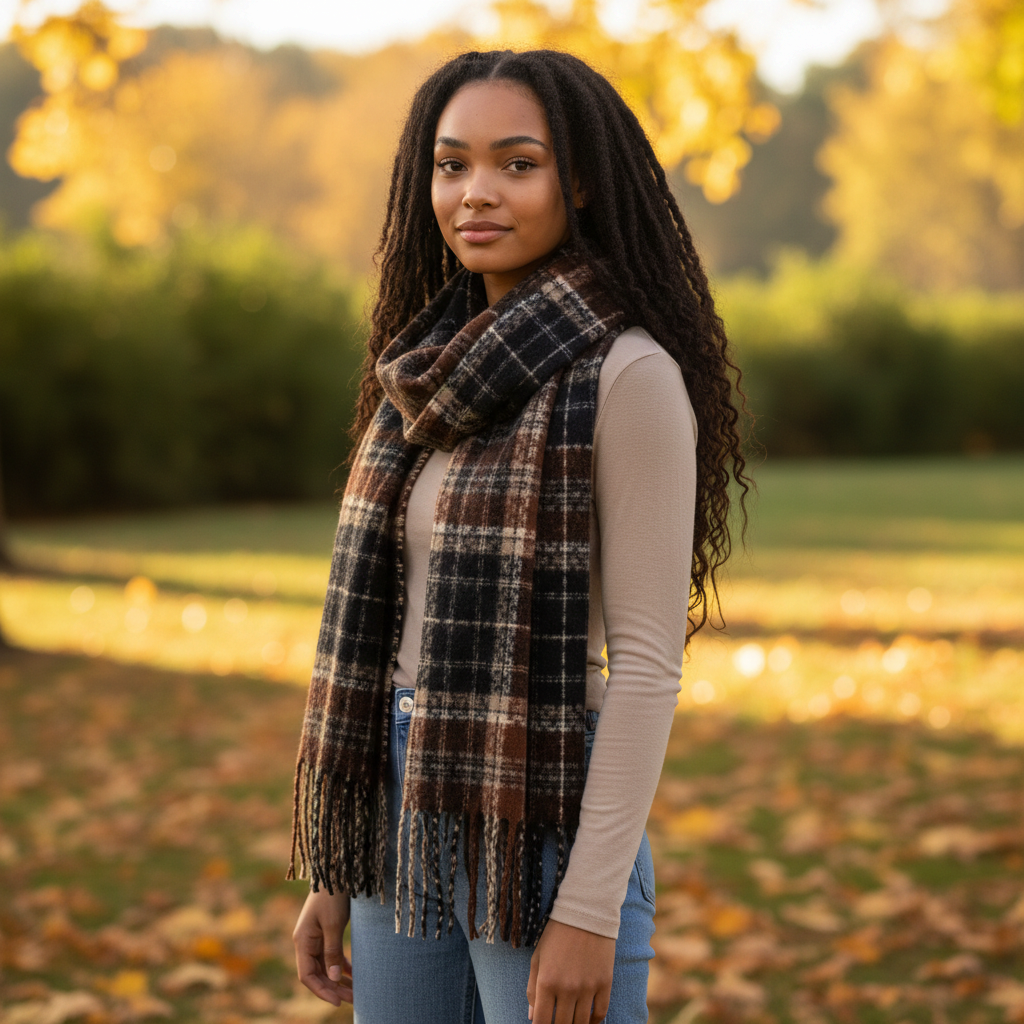 Mellow Monkey Rory classic plaid fringe scarf in brown and black brushed acrylic worn by a woman in an autumn park