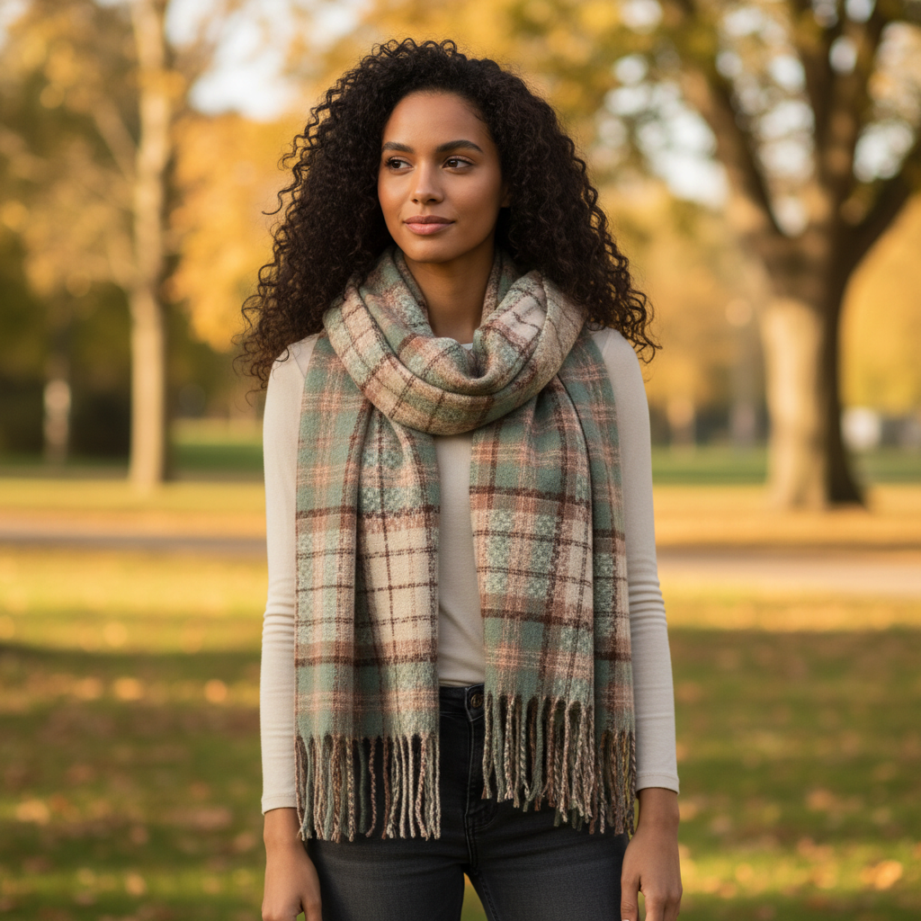 Mellow Monkey Rory plaid fringe scarf in soft brushed acrylic worn by a woman in an autumn park setting