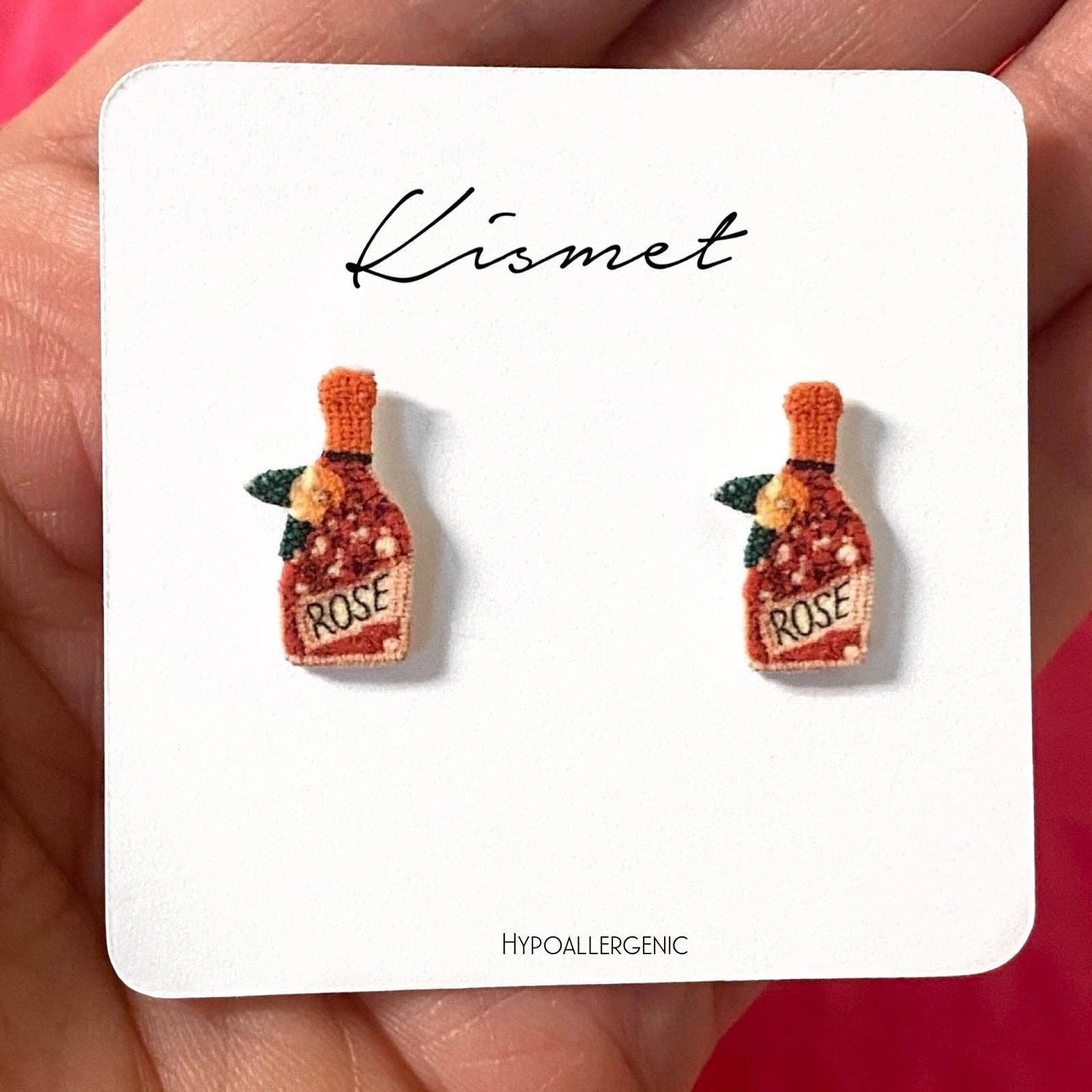 Mellow Monkey handmade embroidered rosé wine bottle stud earrings with hypoallergenic stainless steel posts.