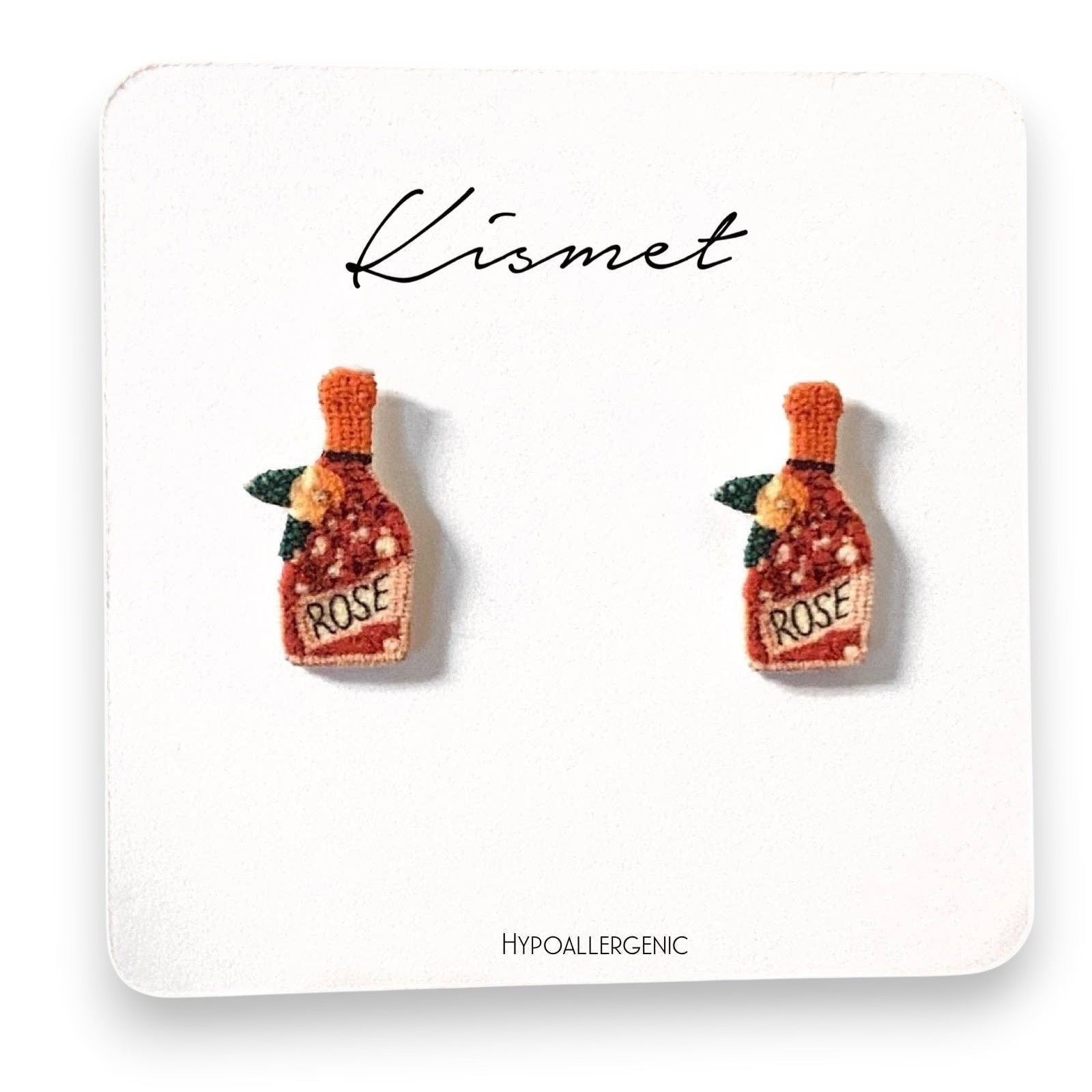 Mellow Monkey handmade rosé wine bottle stud earrings with embroidered detail and stainless steel posts