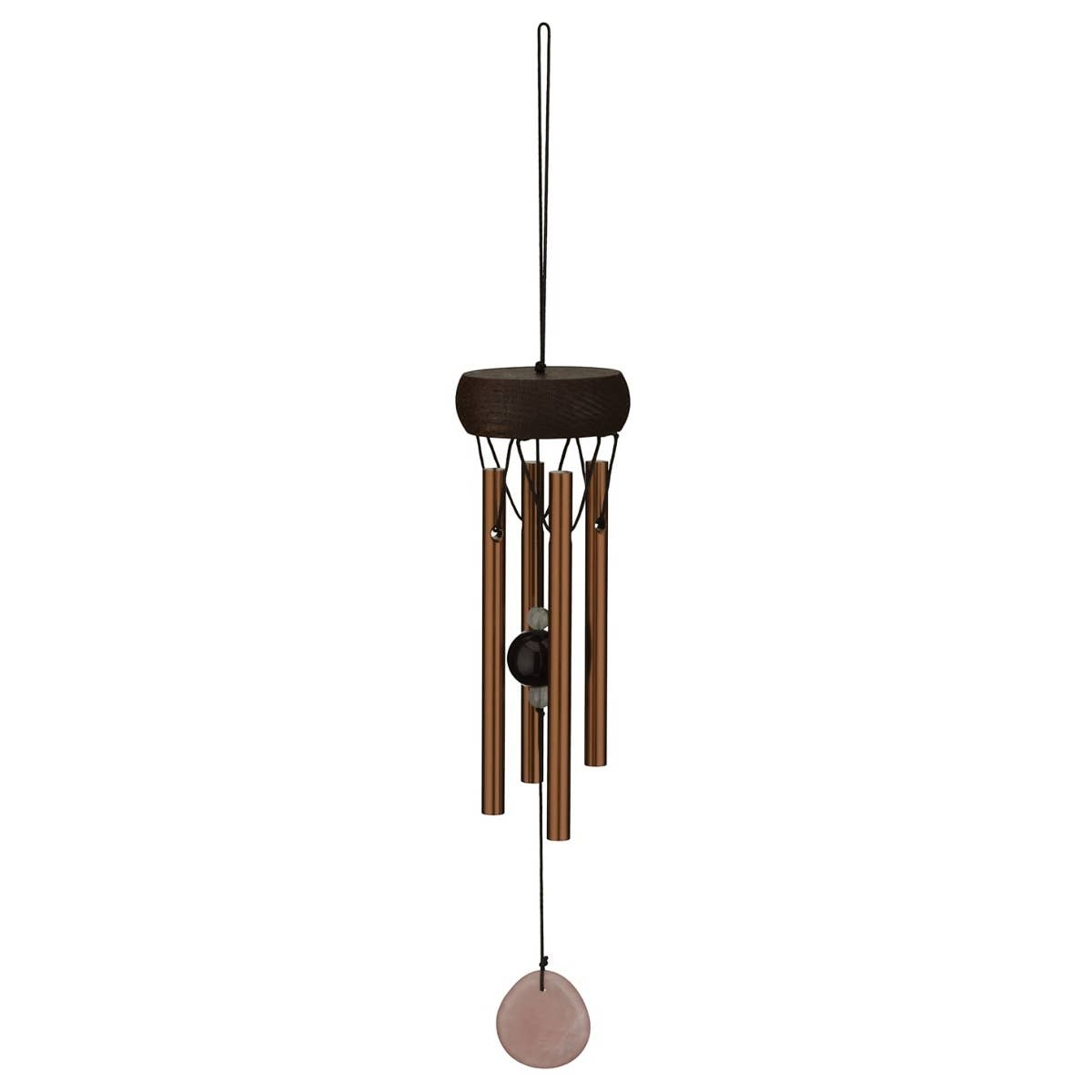 Mellow Monkey rose quartz mini healing wind chime with wooden canopy and copper-toned aluminum alloy tubes.