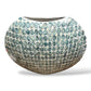 Mellow Monkey round vase featuring hand-inlaid blue and white iridescent capiz shells in a coastal decorative style.